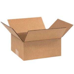 An open MH-USA 9 x 8 x 4 corrugated box from a bundle of 25 stands against a plain white background, its flaps raised and standard brown material emphasizing its empty state, ideal for versatile packaging.