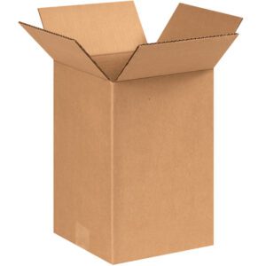 The MH-USA 9 x 9 x 12 corrugated box, sold as 25 per bundle, stands tall with flaps extended outward. Its brown finish provides a sturdy look against a plain white background.