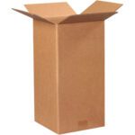 An upright MH-USA 9 x 9 x 18 corrugated box with unfolded flaps stands against a white background, showcasing its spacious design. Brown and seemingly empty, boxes are supplied in bundles of 25.
