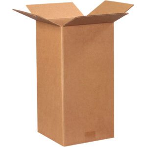 An upright MH-USA 9 x 9 x 18 corrugated box with unfolded flaps stands against a white background, showcasing its spacious design. Brown and seemingly empty, boxes are supplied in bundles of 25.