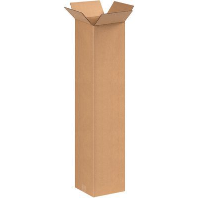 9936.jpg The MH-USA 9 x 9 x 36 Tall Corrugated Box (25/Bundle) stands upright with its top flaps partially folded outward, set against a white background.