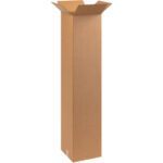 A MH-USA 9 x 9 x 48 tall corrugated box is upright, open, and with unfolded top flaps on a white background.