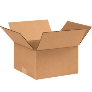An open MH-USA 9 x 9 x 5 brown corrugated box is featured against a plain white background, highlighting its sturdy texture and structure, representing the durability found in every bundle of 25.