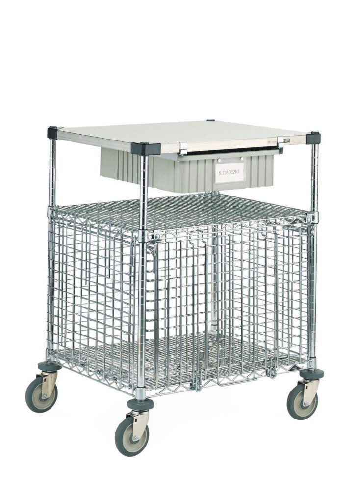 The Metro SECMLAB Super Erecta Lab Security Cart boasts a solid top, wire mesh lower section, four large casters for mobility, and a convenient storage bin underneath, making it robust and perfect for secure lab storage or transport.