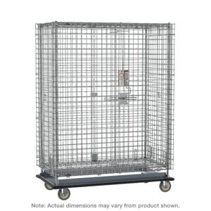 The Metro SEC53LCPL Super Erecta is a large chrome, heavy-duty mobile security shelving unit with an open-grid design and electronic PIN lock. It measures 28.0625 x 38.5 x 68.4375, mounted on wheels for easy mobility. Note: actual dimensions may vary.
