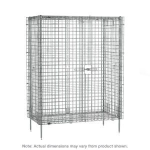 The Metro SEC66C Super Erecta Stationary Security Shelving Unit is a chrome metal wire storage cage with a lock, measuring 33.5 x 62.5 x 66.8125. It stands on four legs and notes, Actual dimensions may vary from product shown.