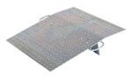 The Vestil Aluminum Hand Truck Dockplate 0.5K 30X30 features a durable metallic loading ramp with a textured diamond pattern surface and two large handles, perfect for smooth transitions between levels.