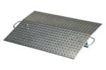 Designed for wheelchair access, the Vestil Aluminum Hand Truck Dockplate 0.5K 36X24 is a rectangular ramp with a diamond plate surface and side handles. Its shiny, textured metal offers both durability and safety.