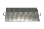 The rectangular diamond plate steel cover features two recessed handles on opposite sides, a textured grid-like surface, and four bolted attachments, resembling the utility and durability of the Vestil Aluminum Hand Truck Dockplate 0.5K 36X24 for heavy-duty use.