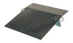 The Vestil Aluminum Hand Truck Dockplate 0.5K 36X36 is a metallic loading ramp with a diamond plate surface, two side handles, and strong support underneath. It is designed at a slight angle for optimal use.