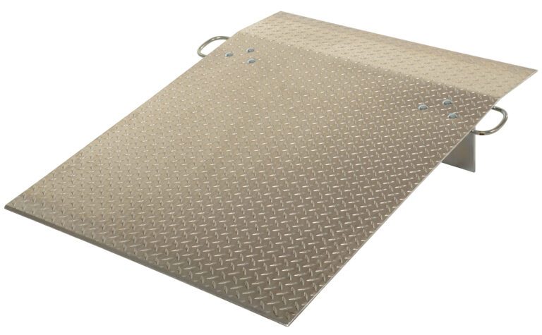 The Vestil Aluminum Hand Truck Dockplate 0.5K 36X48 features a diamond plate surface, two side handles, a metallic sheen, and a foldable leg for support. This sturdy ramp measuring 36X48 inches has a slight incline and supports up to 0.5K weight capacity.