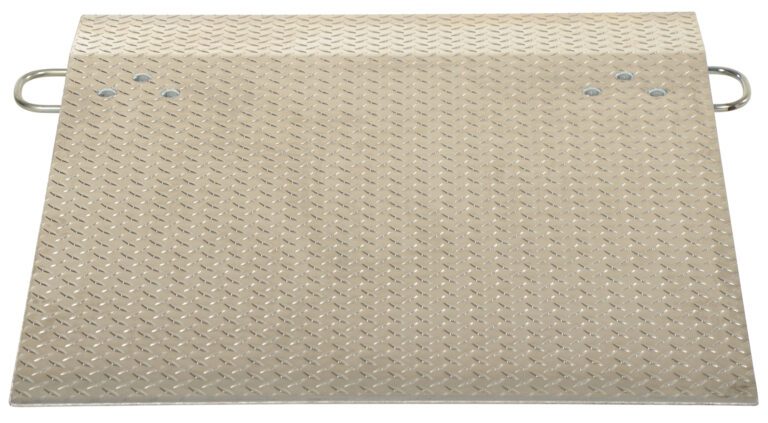 The Vestil Aluminum Hand Truck Dockplate 0.5K 36X48 is a textured metal ramp with a diamond plate pattern, featuring two side handles and bolt accents on top, which widens at the bottom for loading or accessibility purposes.