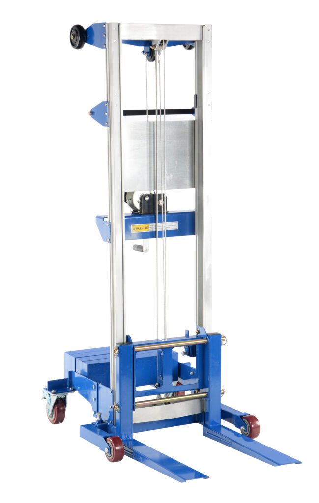 A-LIFT-CB-HP_A.jpg The Vestil Winch Lift Truck Counter Balance 400 Lb is a blue manual stacker with dual forks and a counterbalance mechanism. Its metal lifting system and wheels provide smooth mobility, while the pulley and cable allow manual operation for moving up to 400 lbs in industrial settings.