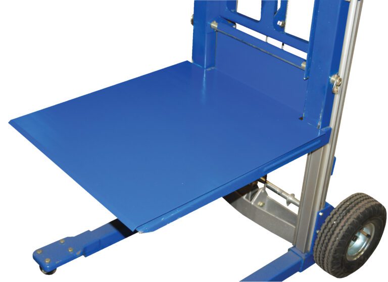 The Vestil Hand Winch Lift Option - Deck Platform features a blue industrial hand truck with a sturdy metallic frame, two wheels, and a slightly tilted deck platform for easy lifting and transportation of heavy items.