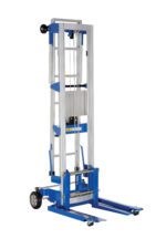 The Vestil Hand Winch Option includes a blue and silver industrial material lift with wheels, extendable forks, and a vertical frame. Ideal for moving heavy items in warehouses or construction sites, it features a retractable ladder for added convenience.