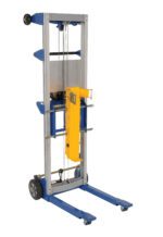 The Vestil Heater Tank Lift 300# Capacity comes in blue and silver, features a yellow platform attachment, and is manually operated. Its equipped with wheels for easy mobility, uses pulleys for lifting heavy items, and has a sturdy frame for efficient handling of bulky loads.