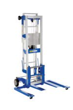 The Vestil Hand Winch Lift Option with retractable ladder is perfect for raising and lowering loads, featuring a blue and silver manual material lift with wheels and adjustable forks for efficiently transporting heavy items.