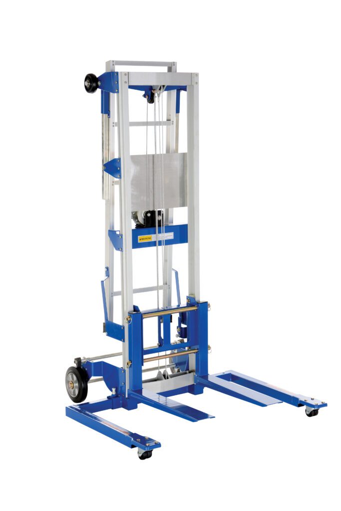 The Vestil Hand Winch Lift Option with retractable ladder is perfect for raising and lowering loads, featuring a blue and silver manual material lift with wheels and adjustable forks for efficiently transporting heavy items.