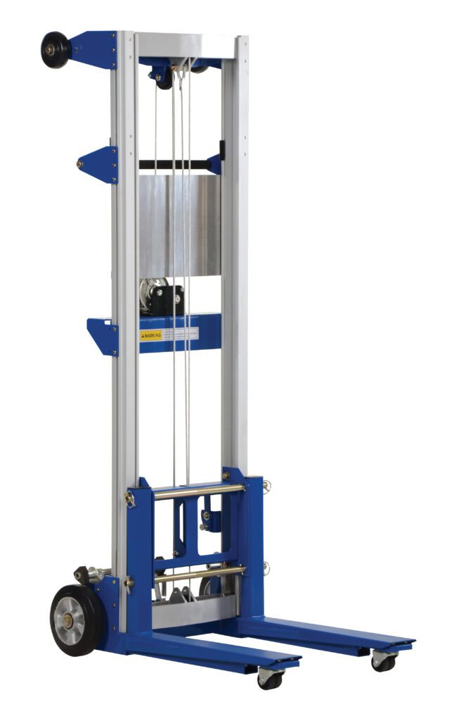 A-LIFT-R-HP_A.jpg The Vestil Winch Lift Truck Fixed Straddle 400 Lb is a blue and silver model featuring a vertical frame, pulley system, rear and front wheels, and a flat prong base for easy lifting of materials up to 400 lbs.