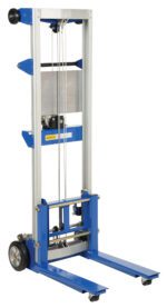 The Vestil Winch Lift Truck Fixed Straddle 500 Lb is a blue and silver, hand-operated material lift featuring two wheels, cables, and fixed straddle forks. It can lift up to 500 lb, making it ideal for moving heavy items in warehouses or industrial settings.