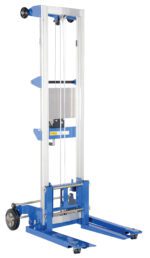 The Vestil Winch Lift Truck Adjust Straddle 350 Lb is a manual lift with wheels and a pulley system, featuring blue and silver colors. It can handle up to 350 lbs and includes a frame with adjustable straddle forks, shown upright against a pristine white backdrop.