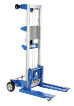 The Vestil Winch Lift Truck Adjust Straddle 400 Lb is a portable manual lift with two long blue forks, a sturdy metal frame, and wheels for mobility. Its adjustable straddle and pulley system efficiently lift up to 400 lbs, making it ideal for warehouse use.