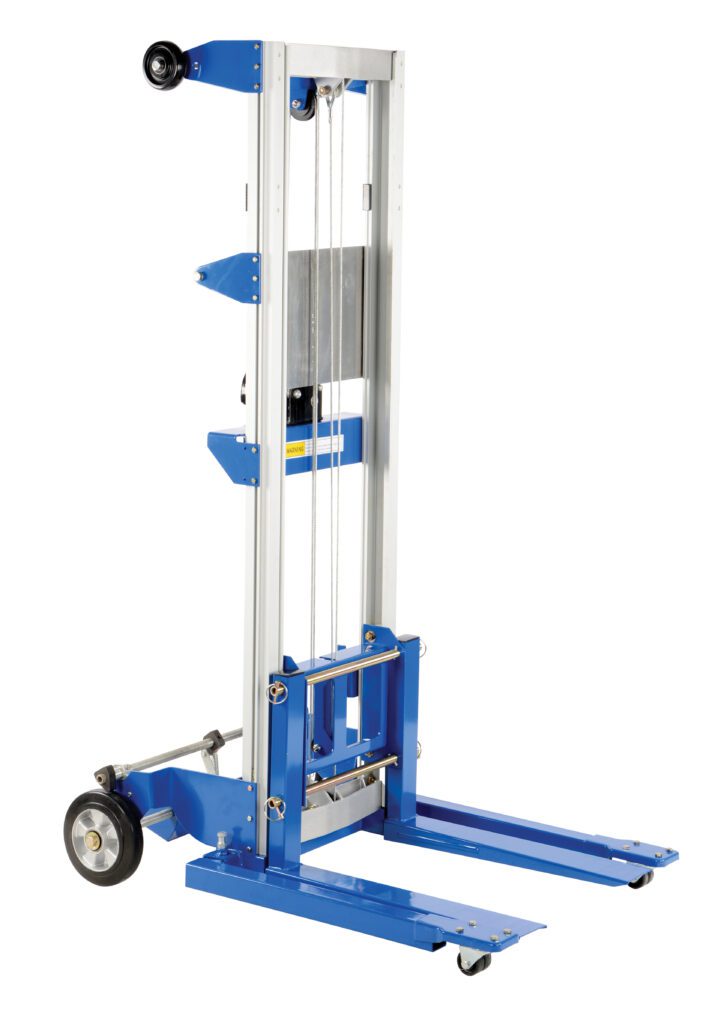 A-LIFT-S-HP_A.jpg The Vestil Winch Lift Truck Adjust Straddle 400 Lb is a portable manual lift with two long blue forks, a sturdy metal frame, and wheels for mobility. Its adjustable straddle and pulley system efficiently lift up to 400 lbs, making it ideal for warehouse use.