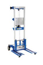 The Vestil Winch Lift Truck Adjust Straddle 500 Lb is a blue and silver manual stacker with wheels, a hydraulic system, and adjustable straddle legs. It can lift pallets up to 500 lbs using its two base forks, ideal for heavy item transport. Its upright design reveals visible cables and pulleys.