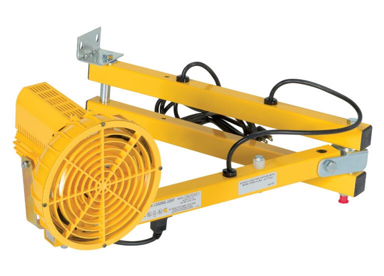 The Vestil Loading Light Adjusting Dbl Arm 40 Sodium is a yellow industrial wall-mounted fan with a protective grille and adjustable metal bracket, ideal for ventilation in commercial spaces. It boasts robust performance with its 40 reach and sturdy build.