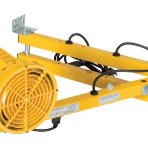 The Vestil Loading Light Adjusting Dbl Arm 40 Sodium is a yellow industrial wall-mounted fan with a protective grille and adjustable metal bracket, ideal for ventilation in commercial spaces. It boasts robust performance with its 40 reach and sturdy build.