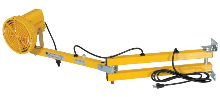 The yellow industrial fan, similar to the Vestil Loading Light Adjusting Dbl Arm 40 Sodium, is mounted on an adjustable stand with a protective grill and metal brackets. Its connected with a black power cord, ensuring secure operation in dynamic environments.