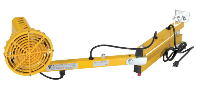A yellow industrial device, similar to the Vestil Loading Light Adjusting Dbl Arm 40 Sodium, has a fan-like end structure and a double arm extending 40 inches with a power cord and mounting bracket for sodium-based electrical elements.