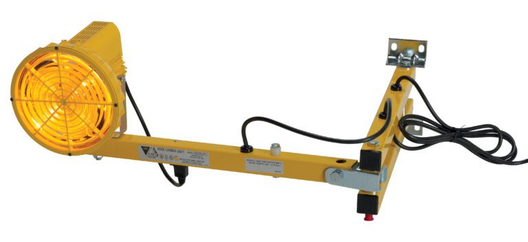 A Vestil Loading Light Adjusting Dbl Arm 40 Sodium, this yellow industrial heater has a circular heat-emitting front, attached mounting bracket, black power cord, and side warning labels; designed for spot heating in work areas.