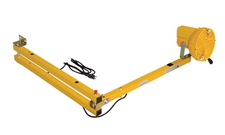 The industrial fan, like the yellow Vestil Loading Light Adjusting Dbl Arm 60 Sodium, is situated on a metal frame with a power cord. It features protective housing and sodium-bright design with a red button on top for ease of use, similar to an adjustable dbl arm mechanism.