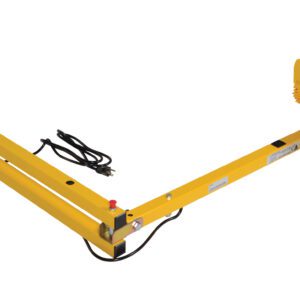 The industrial fan, like the yellow Vestil Loading Light Adjusting Dbl Arm 60 Sodium, is situated on a metal frame with a power cord. It features protective housing and sodium-bright design with a red button on top for ease of use, similar to an adjustable dbl arm mechanism.