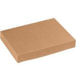 A flat, closed 11 1/2 x 8 1/2 x 1 5/8 Kraft Apparel Box (100 per case) is crafted from corrugated material with a plain brown surface and is set against a white background, highlighting its sturdy rectangular design.