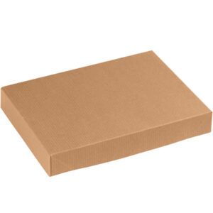 A flat, closed 11 1/2 x 8 1/2 x 1 5/8 Kraft Apparel Box (100 per case) is crafted from corrugated material with a plain brown surface and is set against a white background, highlighting its sturdy rectangular design.