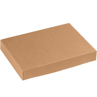 AB11081K.jpg A flat, closed 11 1/2 x 8 1/2 x 1 5/8 Kraft Apparel Box (100 per case) is crafted from corrugated material with a plain brown surface and is set against a white background, highlighting its sturdy rectangular design.