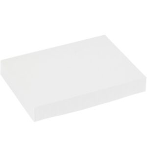 A plain white rectangular eraser, resembling the sleek MH-USA 11 1/2 x 8 1/2 x 1 5/8 White Apparel Box, is depicted at an angle. Its crisp edges and smooth surface pop against the white background.
