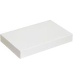 The MH-USA 15 x 9 1/2 x 2 White Apparel Boxes (100/Case) feature a plain rectangular design with smooth surfaces and clean edges, showcased against a white backdrop from a slightly elevated angle to highlight their understated elegance.