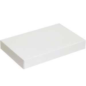 A flat MH-USA 17 x 11 x 2 1/2 white apparel box, likely from the durable 50/Case set, is featured on a white background. With its smooth surface and clean edges, it possibly contains something sealed inside.