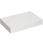The MH-USA 19 x 12 x 3 White Apparel Boxes (50/Case) feature a sleek, smooth design ideal for retail packaging. Closed and showcased at a slight angle against a plain white background, they embody minimalism and cleanliness.