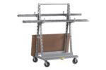 The gray Little Giant Adjustable Bar Rack Truck is mobile with four caster wheels and features multiple slots for brown panels. It includes horizontal metal rods for enhanced organization.
