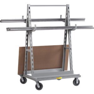 The gray Little Giant Adjustable Bar Rack Truck is mobile with four caster wheels and features multiple slots for brown panels. It includes horizontal metal rods for enhanced organization.