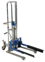 The Vestil Adjustable Box Stacker 380 Lb Capacity features a durable metal frame, blue hydraulics, black forks, two front wheels, a rear wheel for smooth movement, and an easy-to-use handle with lever for precise operation.
