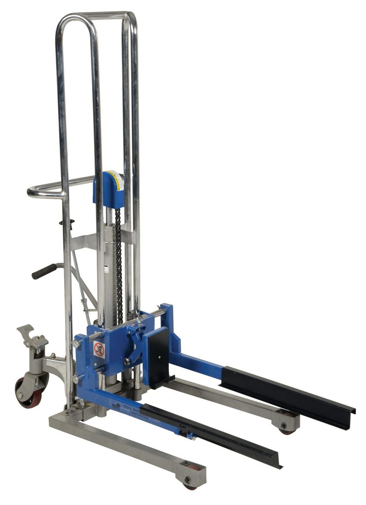 The Vestil Adjustable Box Stacker 380 Lb Capacity features a durable metal frame, blue hydraulics, black forks, two front wheels, a rear wheel for smooth movement, and an easy-to-use handle with lever for precise operation.