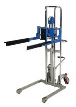 The Vestil Adjustable Box Stacker 380 Lb Capacity is a blue and silver manual pallet stacker with hydraulic mechanics, featuring two black forks, red wheels, and an ergonomic handle for easy pallet lifting and transport.