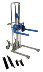 The Vestil Adjustable Box Stacker is a blue and silver manual lift with a 380 lb capacity. It features two forks, caster wheels for easy mobility, and black detachable parts displayed in front, perfect for lifting and moving small loads.