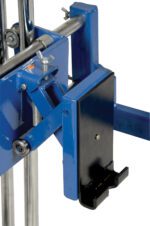 Close-up of a blue Vestil Adjustable Box Stacker 380 Lb Capacity component featuring a black bracket, visible screws, and rods. Ideal for workshops or industrial environments.