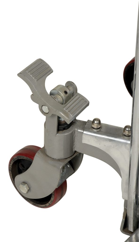 Close-up of a heavy-duty swivel caster on the Vestil Adjustable Box Stacker 380 lb Capacity, featuring a red rubber wheel and a metal brake. The caster is attached to a sturdy frame with a textured brake lever for easy activation, ensuring stability during handling.